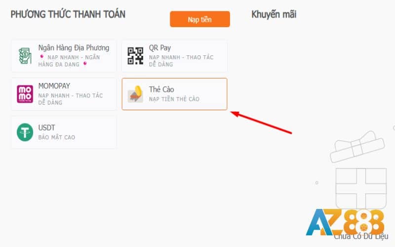 Chọn phương thức nạp tiền bằng thẻ cào Chọn phương thức nạp tiền bằng thẻ cào