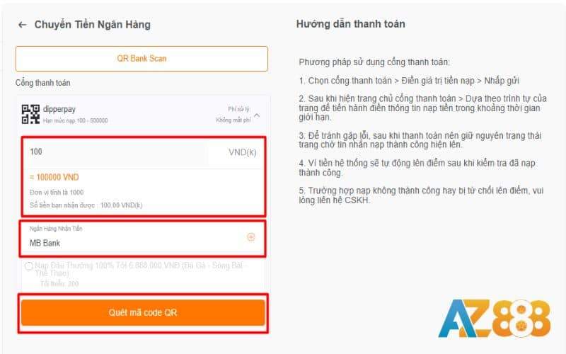 Điền số tiền cần nạp và chọn ngân hàng chuyển tiền Điền số tiền cần nạp và chọn ngân hàng chuyển tiền