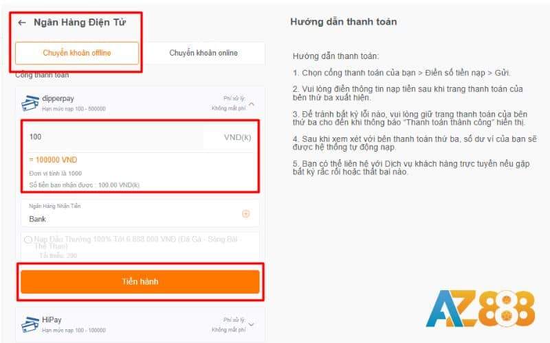 Nạp tiền AZ888 offline bằng ngân hàng điện tử Nạp tiền AZ888 offline bằng ngân hàng điện tử