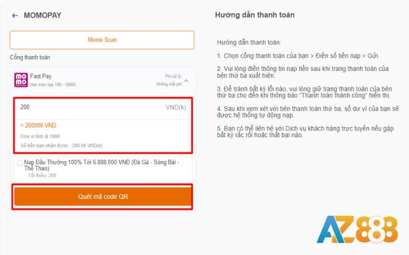 Nhập số tiền cần nạp và chọn quét mã code QR Nhập số tiền cần nạp và chọn quét mã code QR